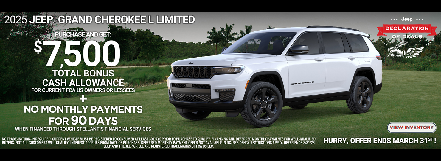 2025 Grand Cherokee L $7500 Bonus Cash + No Payments 90 Days