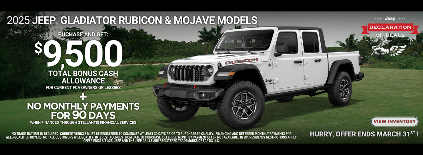 2025 Gladiator $7500 Bonus Cash + No Payments for 90 Days