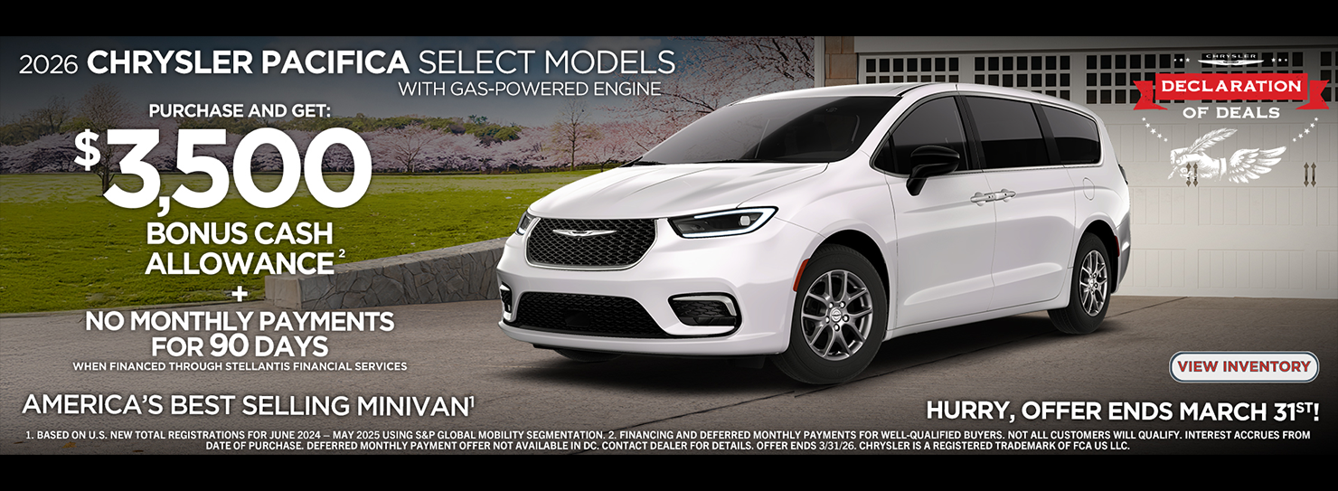 2026 Chrysler Pacifica $3500 Bonus Cash + No Payments for 90